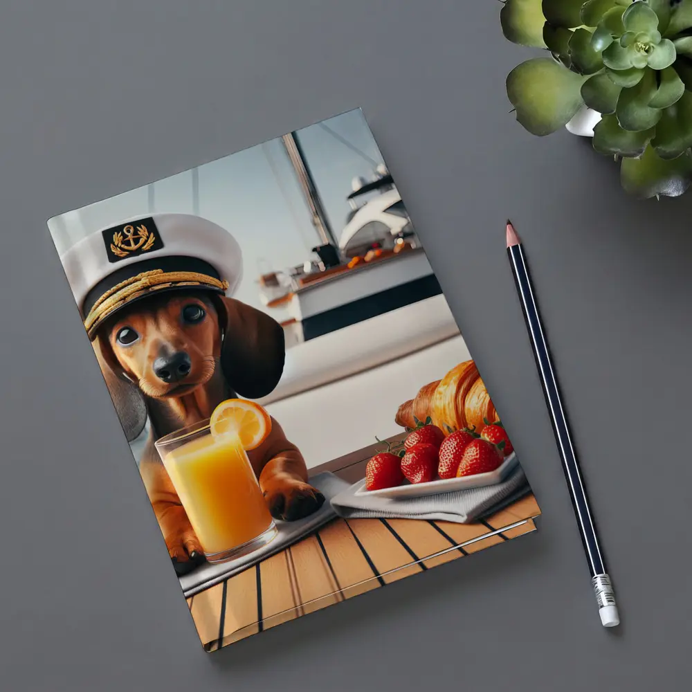 Dachshund Captain Hat Yacht Breakfast Scene – Notebooks
