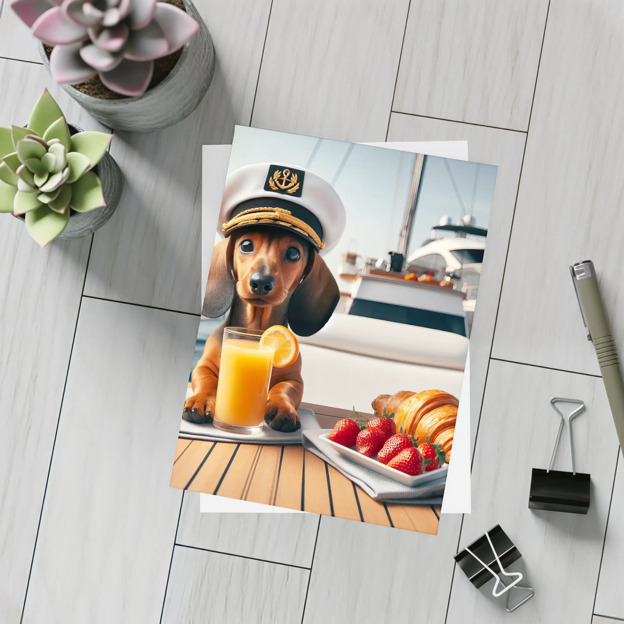 Dachshund Captain Hat Yacht Breakfast Scene – Postcards