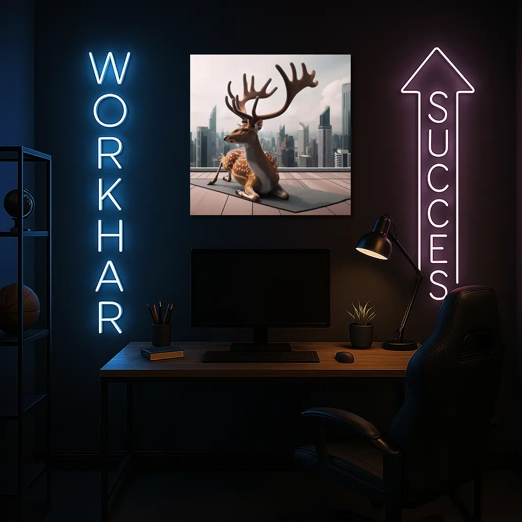 Spotted Deer Doing Yoga City Skyline – Wall Art