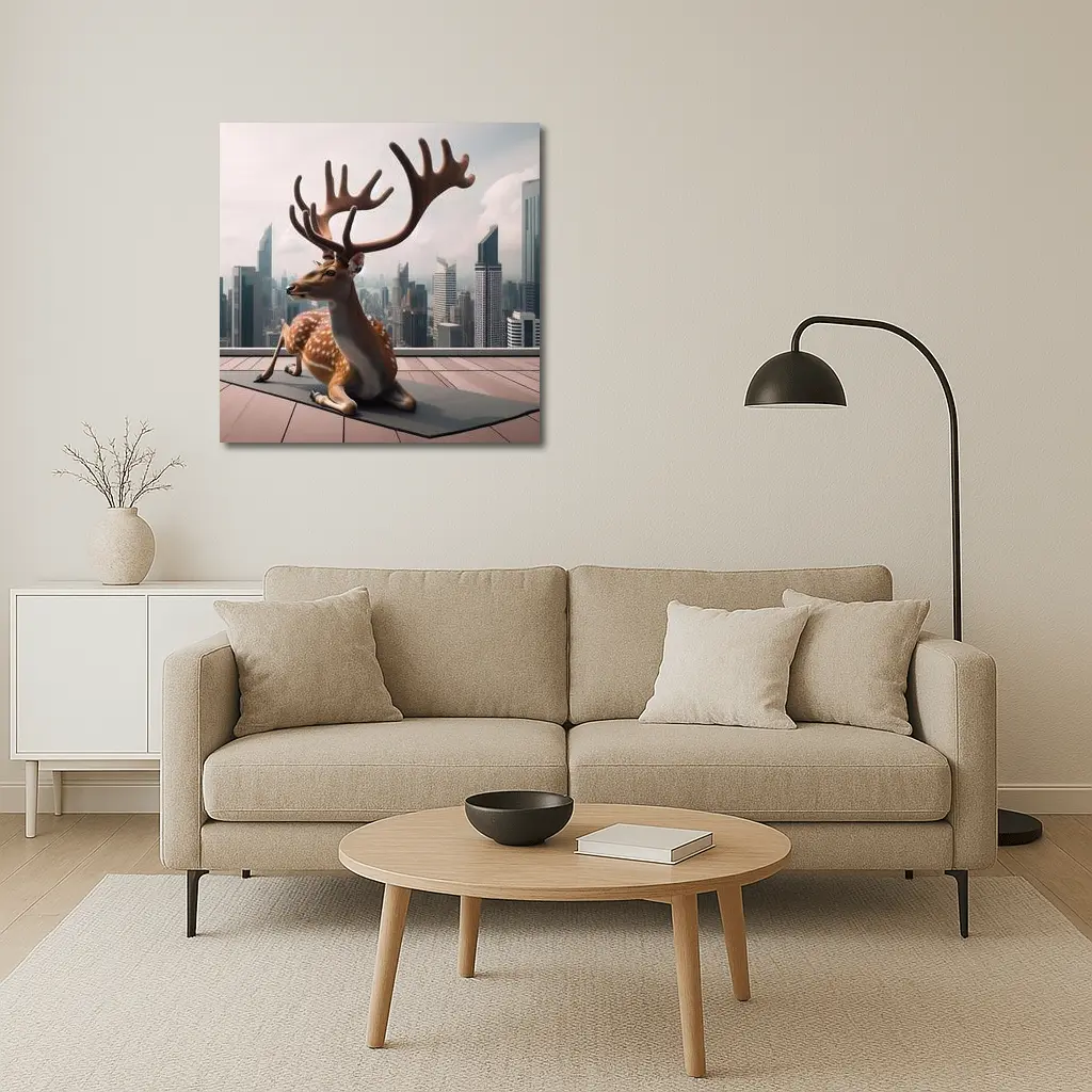 Spotted Deer Doing Yoga City Skyline – Wall Art
