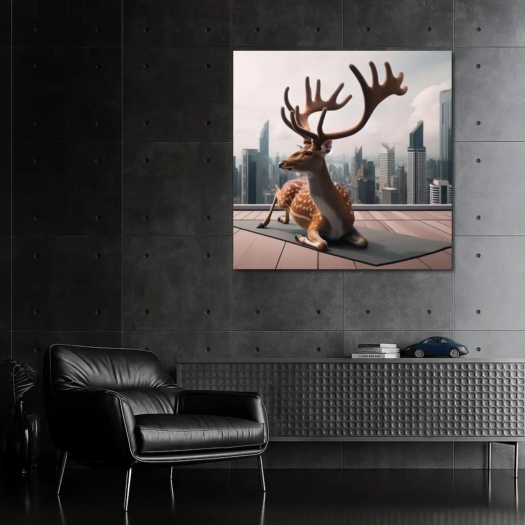 Spotted Deer Doing Yoga City Skyline – Wall Art