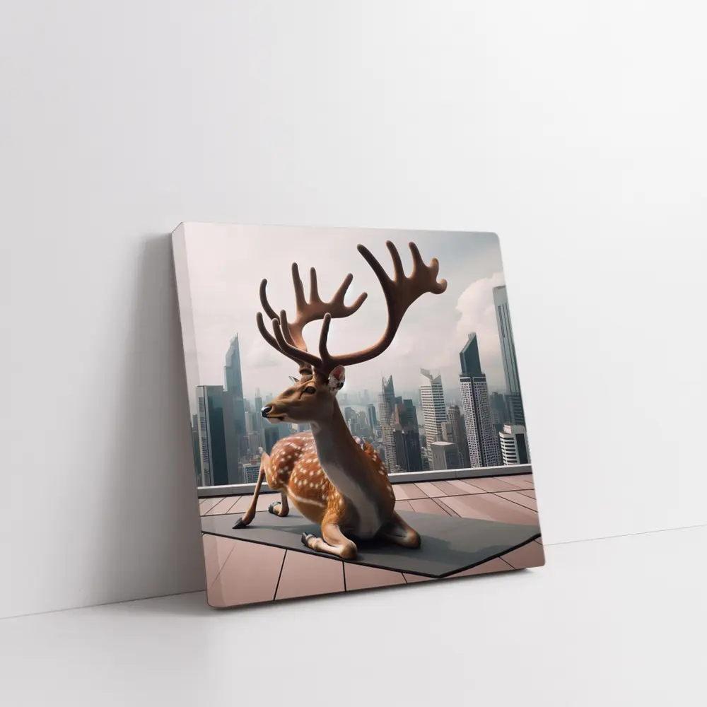 Spotted Deer Doing Yoga City Skyline – Wall Art