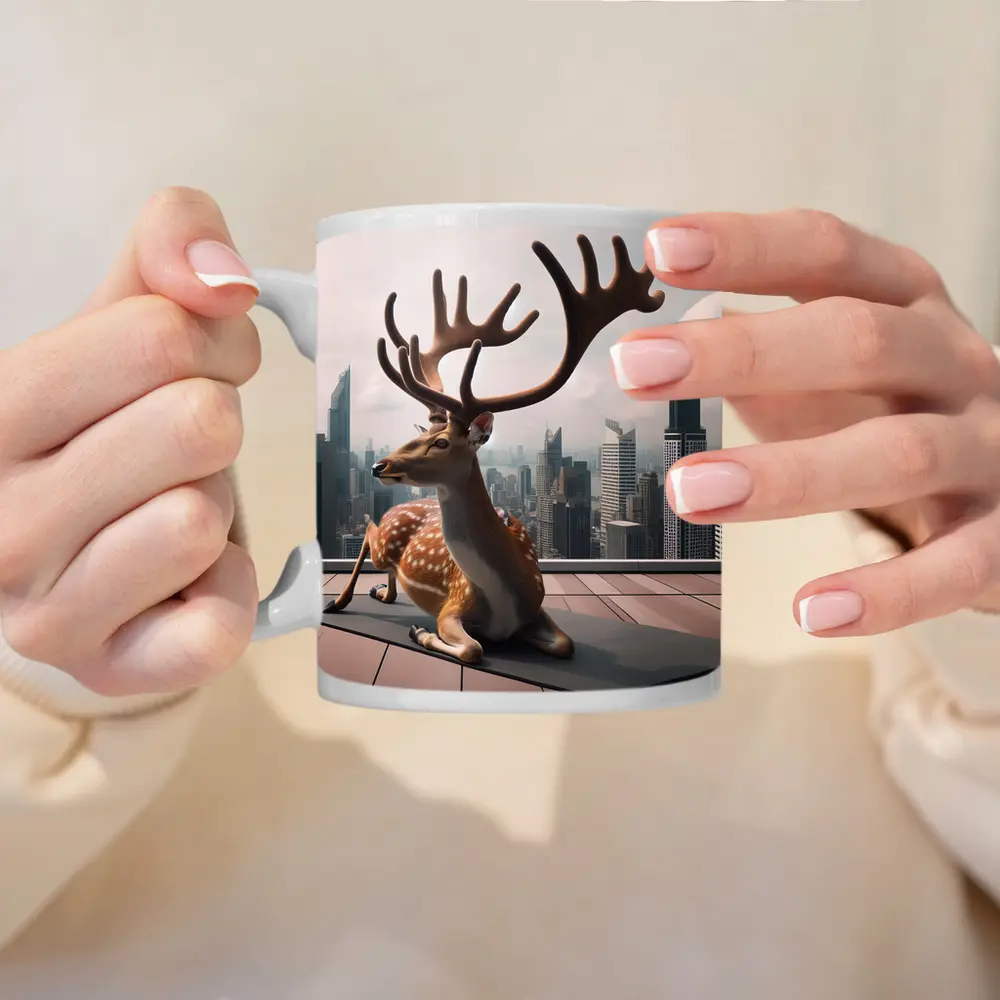 Spotted Deer Doing Yoga City Skyline – Mugs
