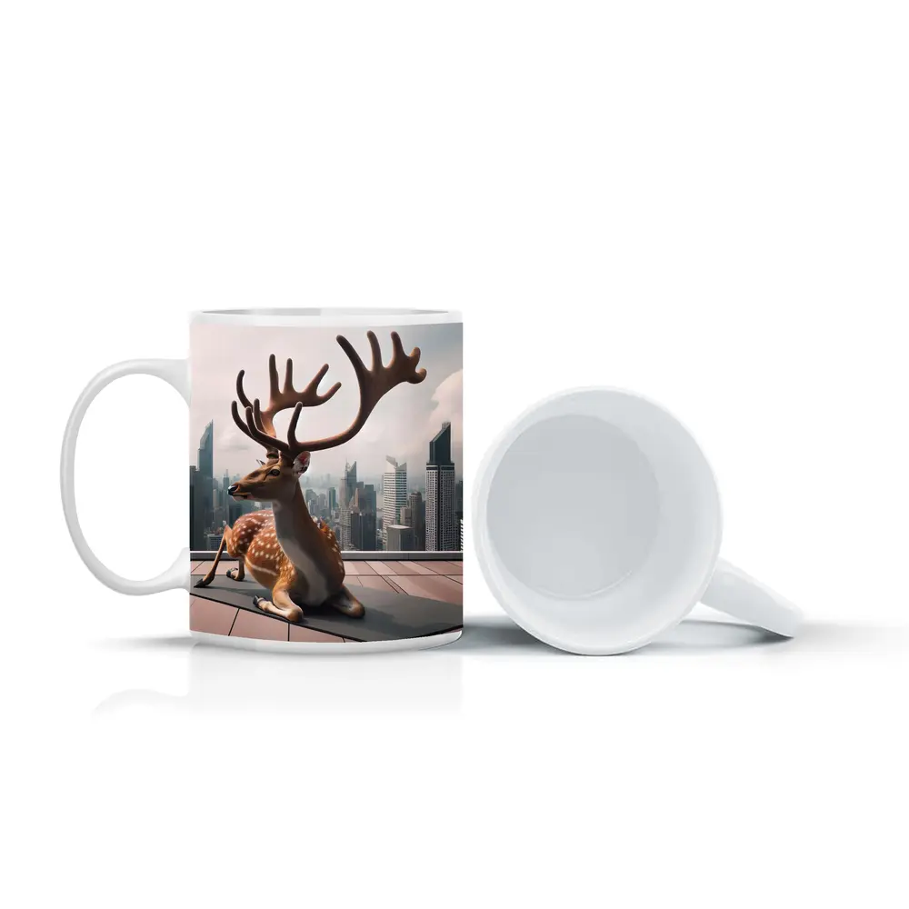 Spotted Deer Doing Yoga City Skyline – Mugs