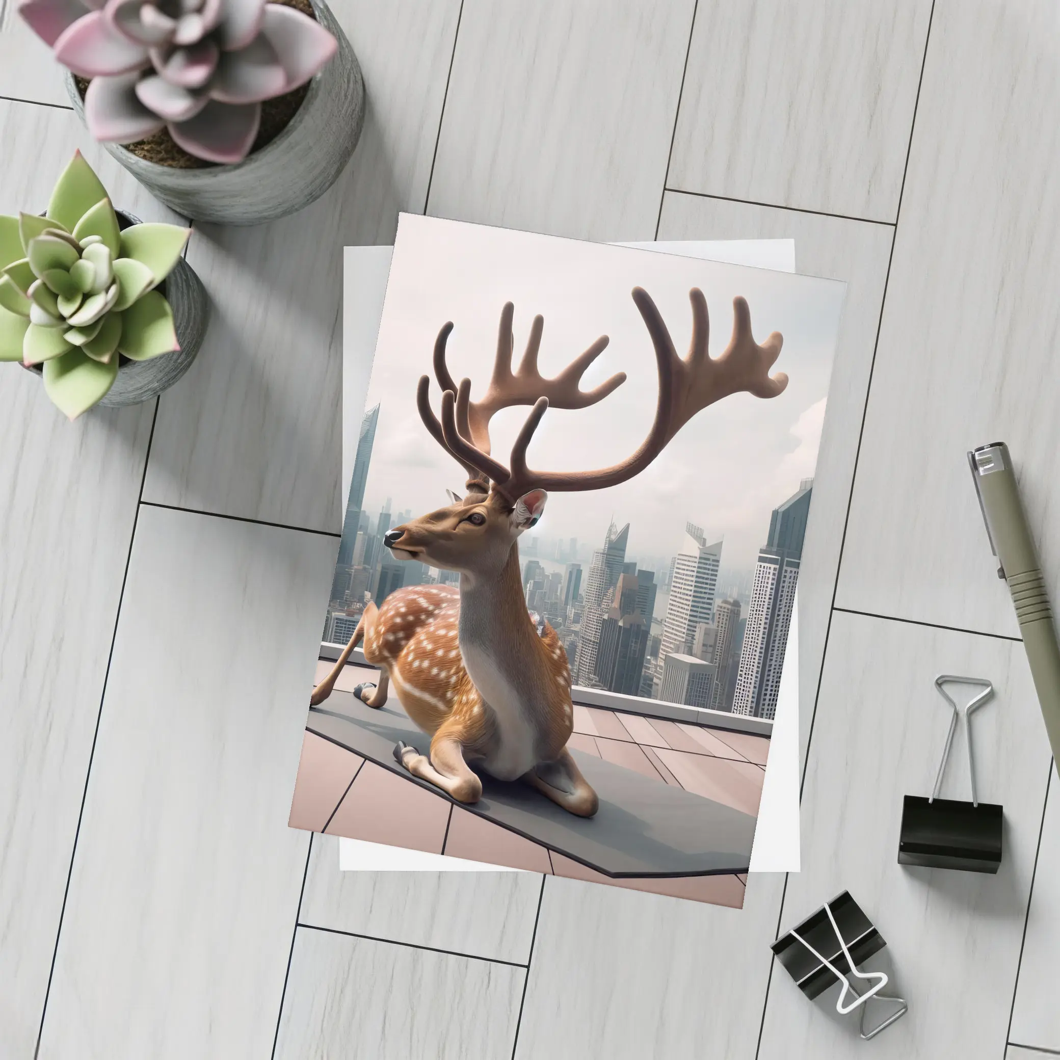 Spotted Deer Doing Yoga City Skyline – Postcards
