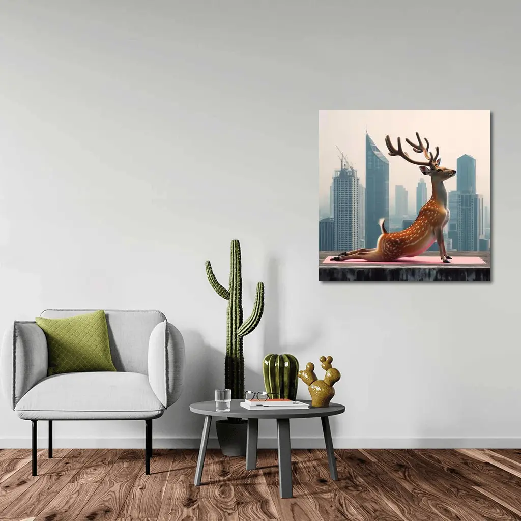 Deer Doing Yoga City Skyline Background – Wall Art