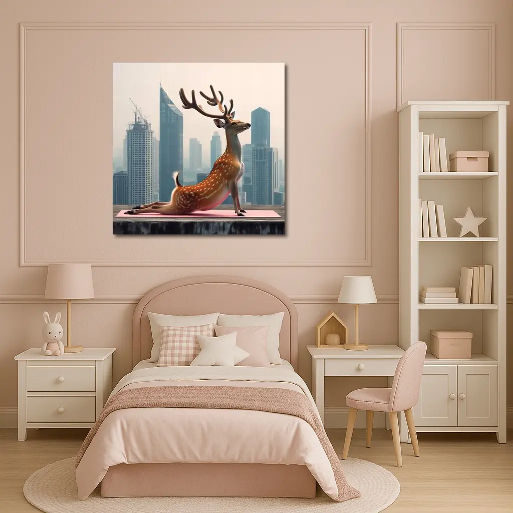 Deer Doing Yoga City Skyline Background – Wall Art