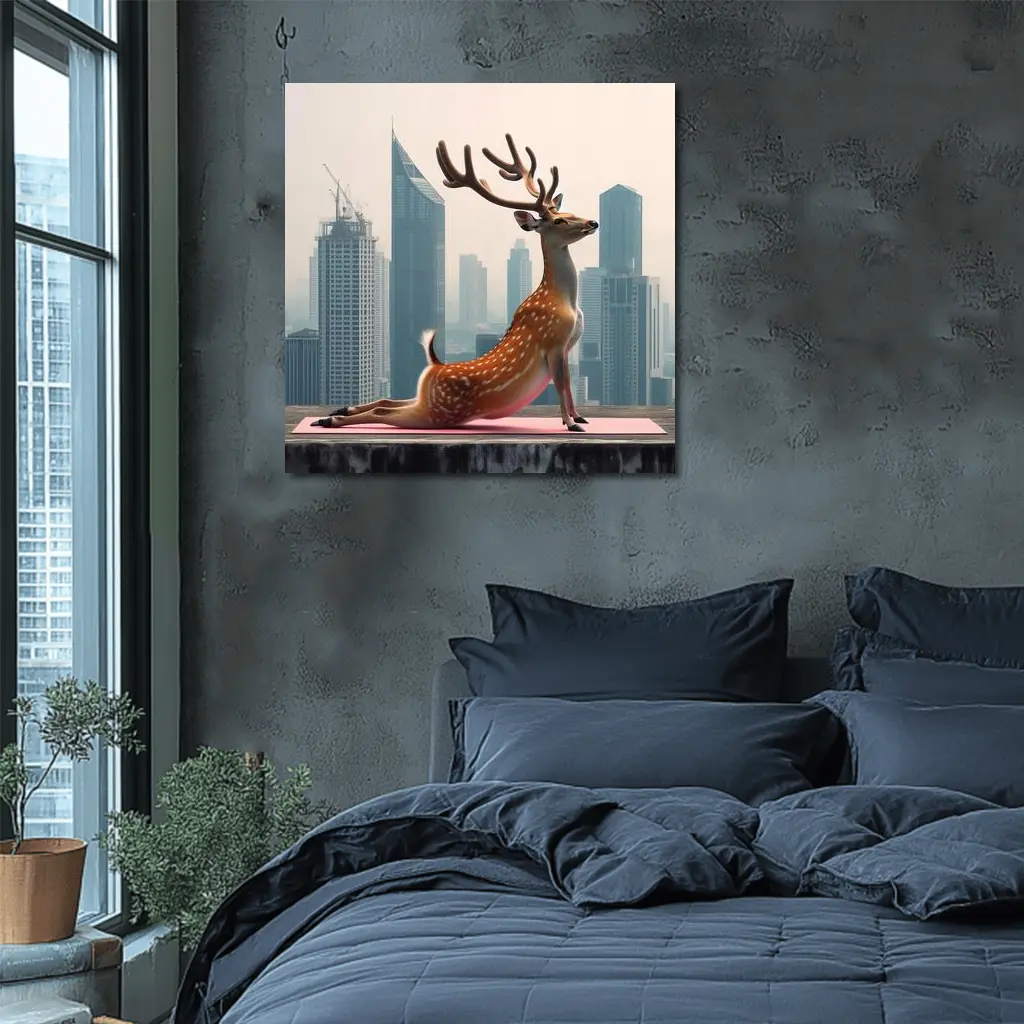 Deer Doing Yoga City Skyline Background – Wall Art
