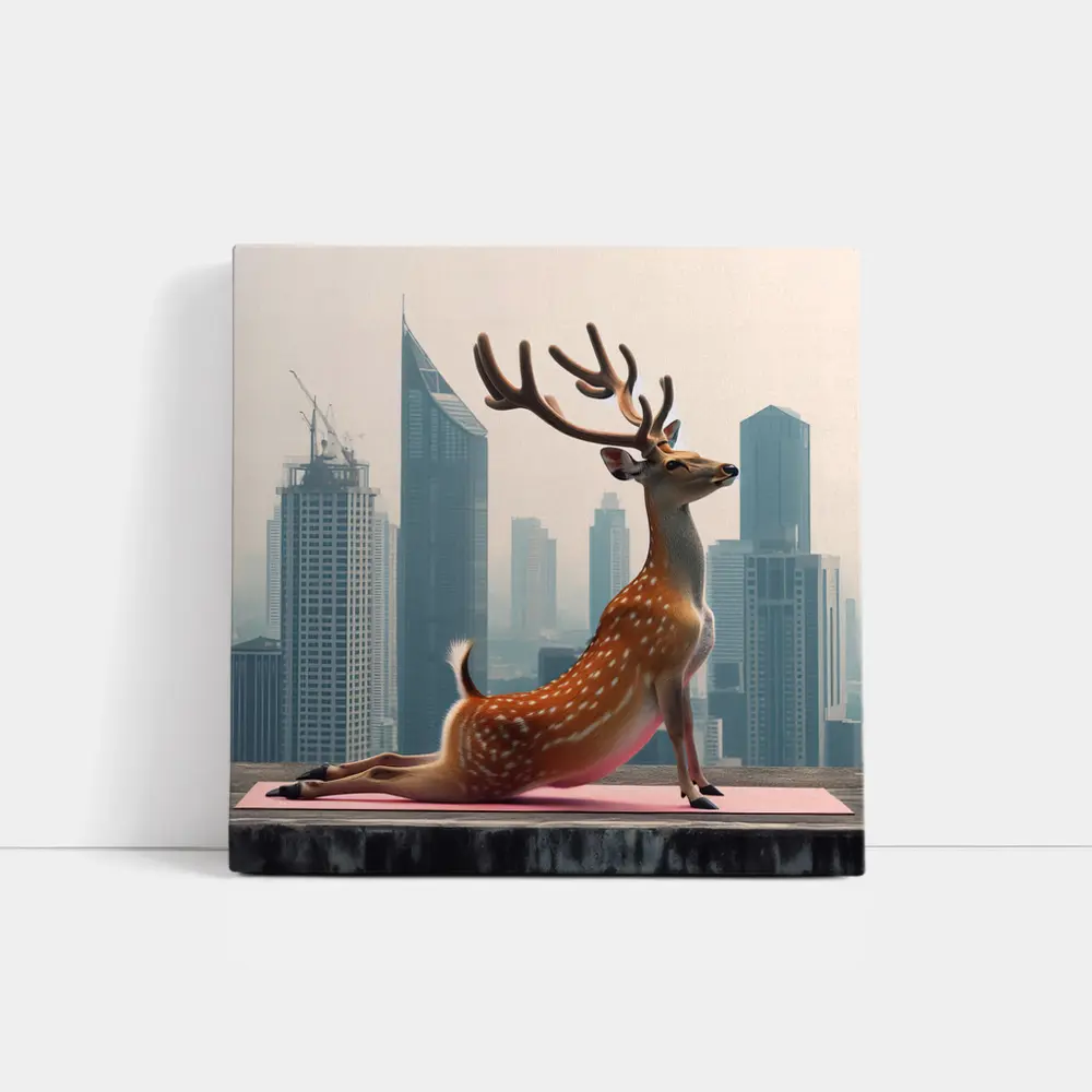 Deer Doing Yoga City Skyline Background – Wall Art