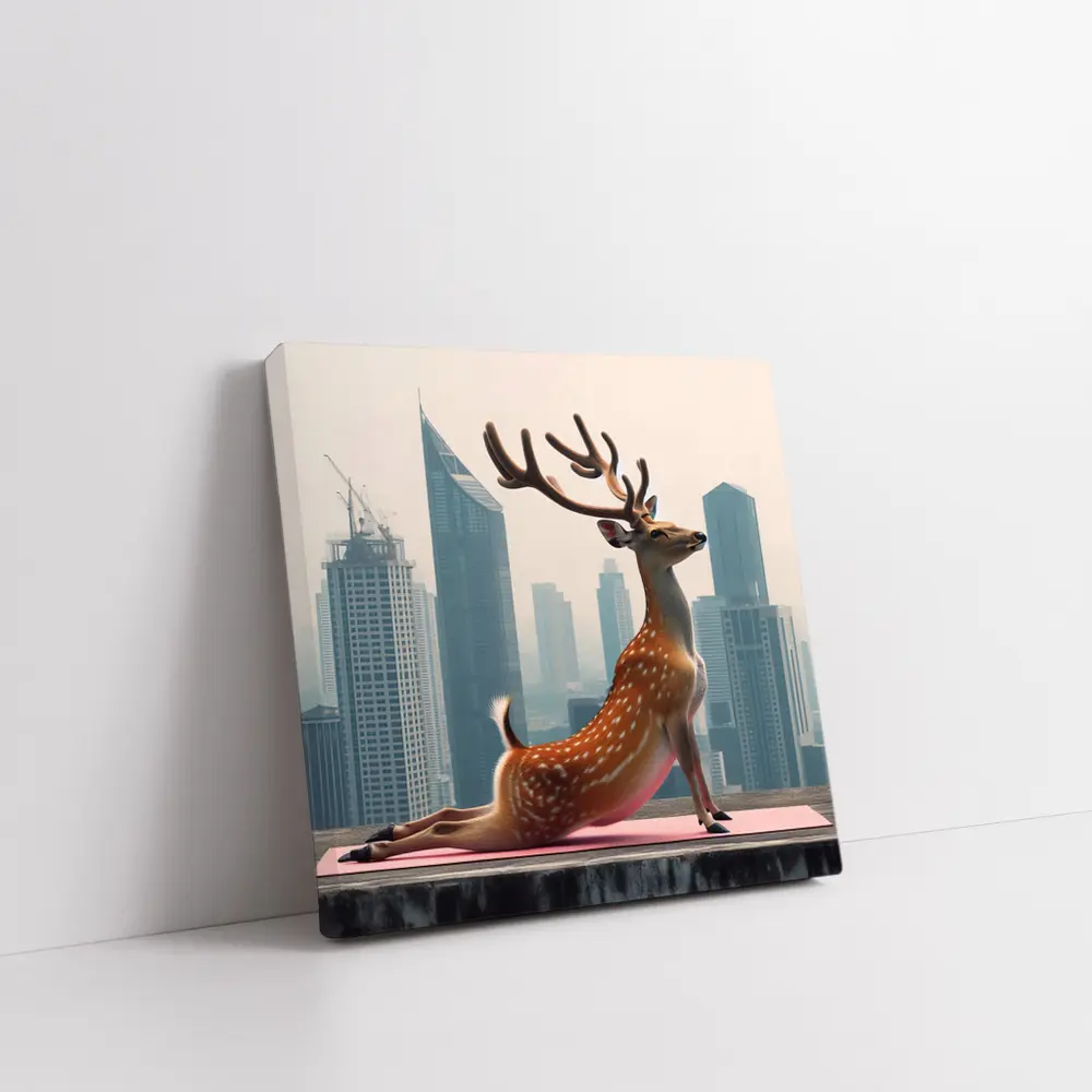 Deer Doing Yoga City Skyline Background – Wall Art
