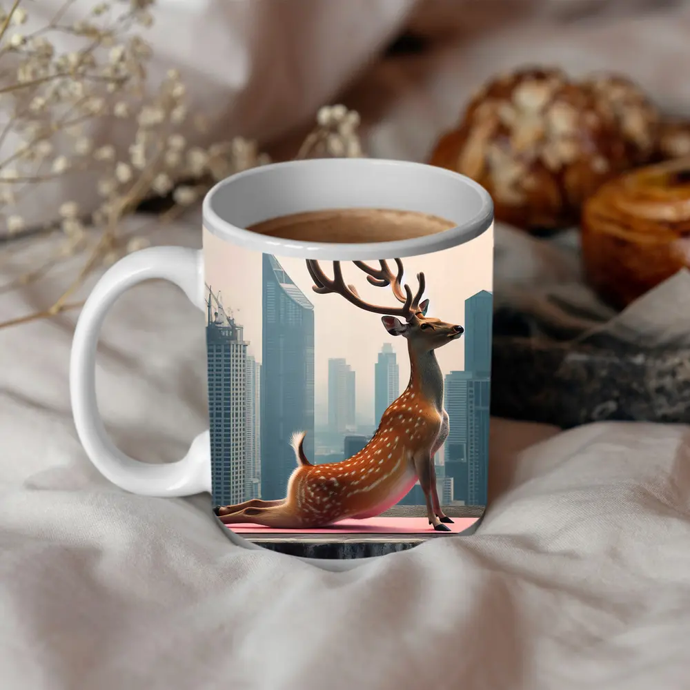 Deer Doing Yoga City Skyline Background – Mugs