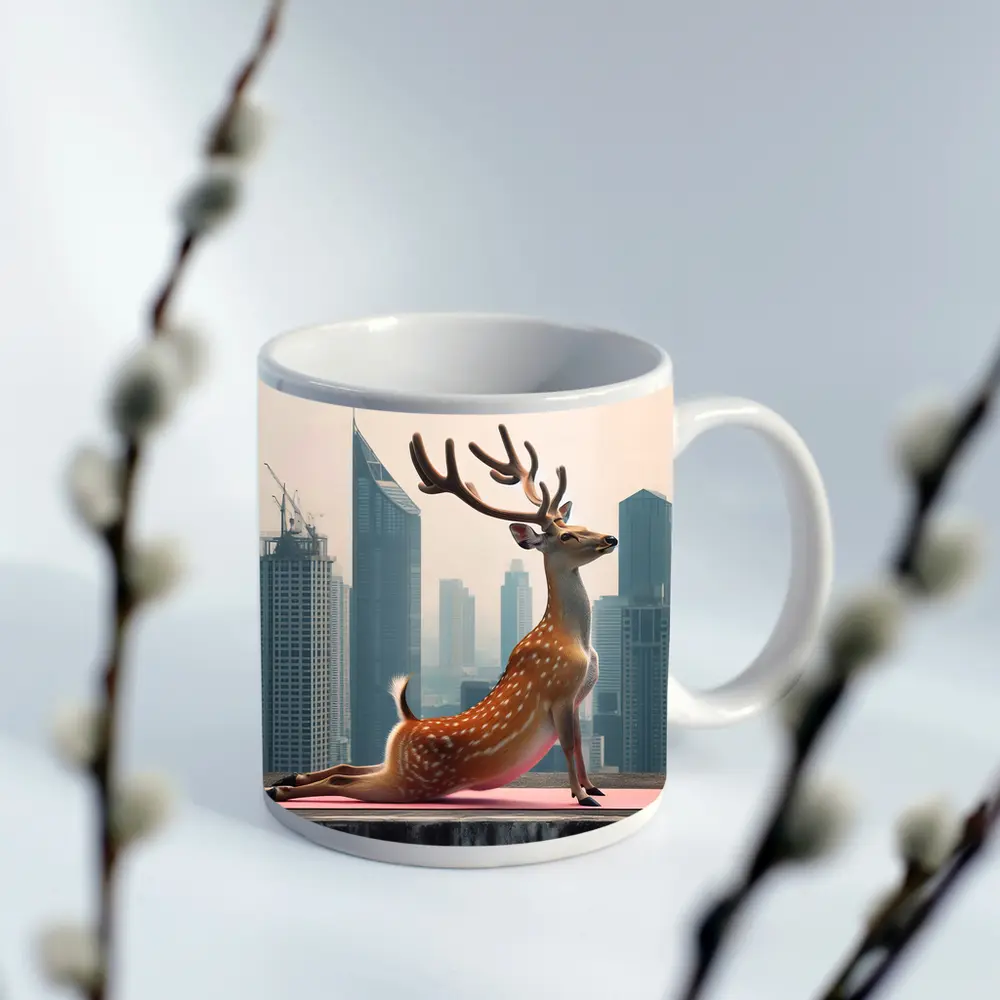 Deer Doing Yoga City Skyline Background – Mugs