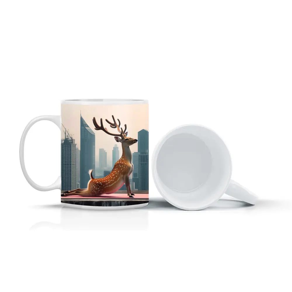 Deer Doing Yoga City Skyline Background – Mugs
