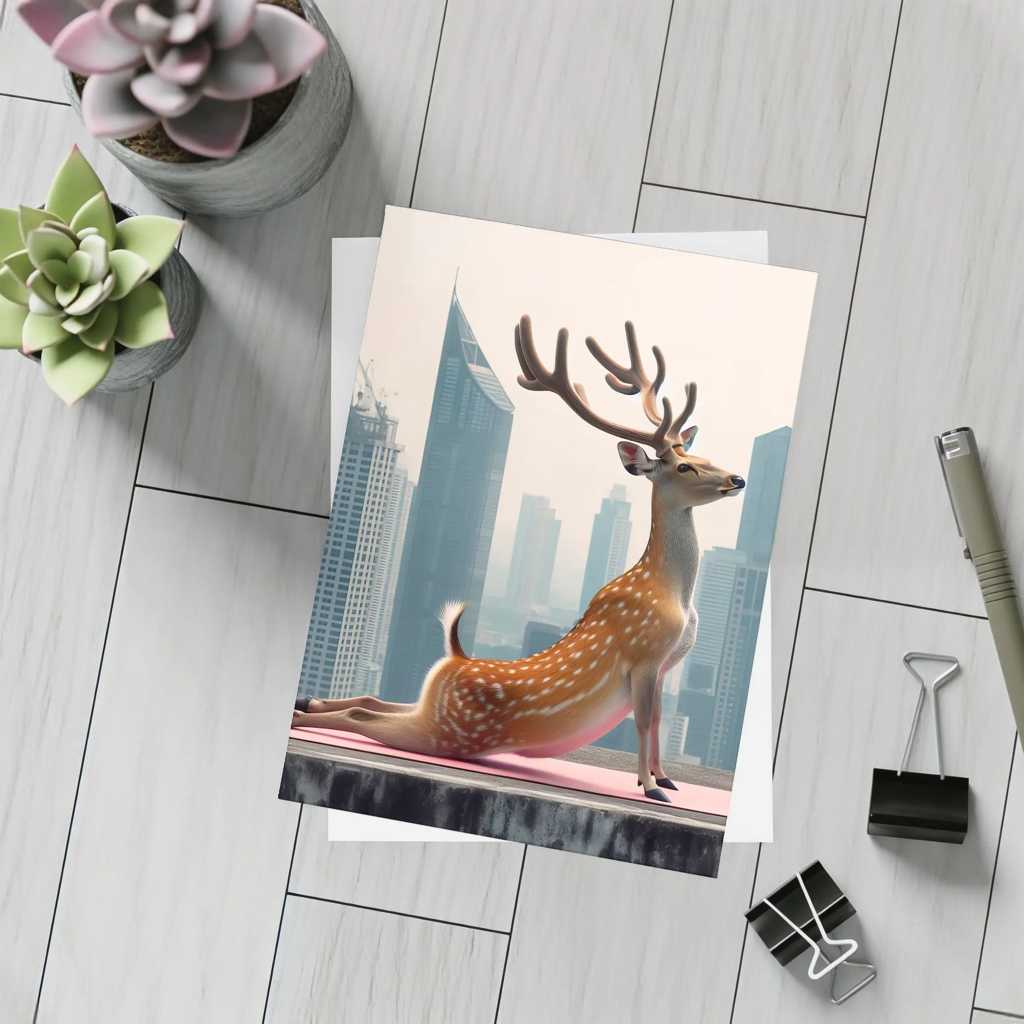 Deer Doing Yoga City Skyline Background – Postcards