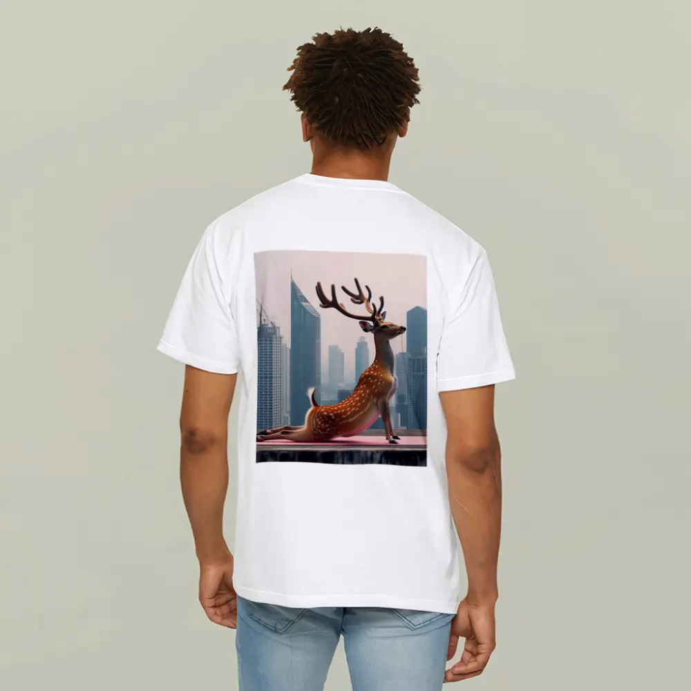 Deer Doing Yoga City Skyline Background – T-Shirts