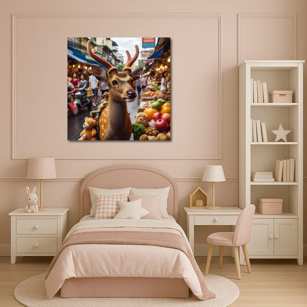 Deer With Antlers At Asian Street Market – Wall Art