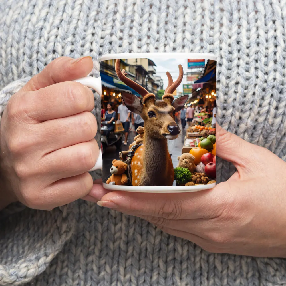 Deer With Antlers At Asian Street Market – Mugs