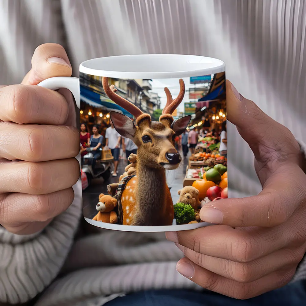 Deer With Antlers At Asian Street Market – Mugs