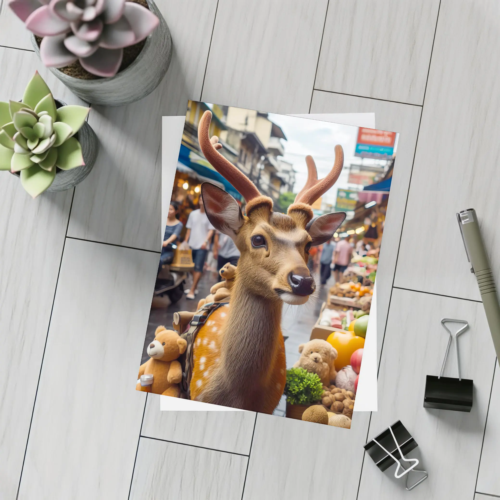 Deer With Antlers At Asian Street Market – Postcards