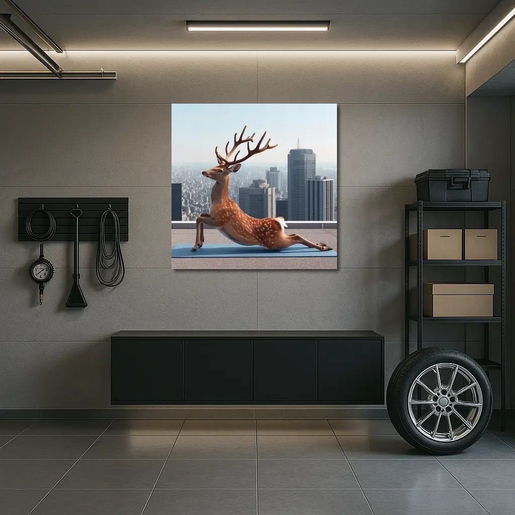 Deer Doing Yoga City Skyline Background – Wall Art