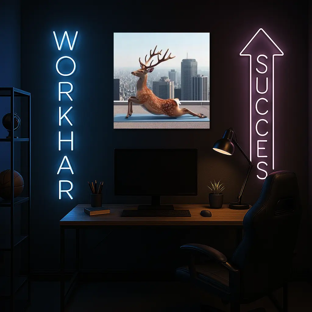 Deer Doing Yoga City Skyline Background – Wall Art