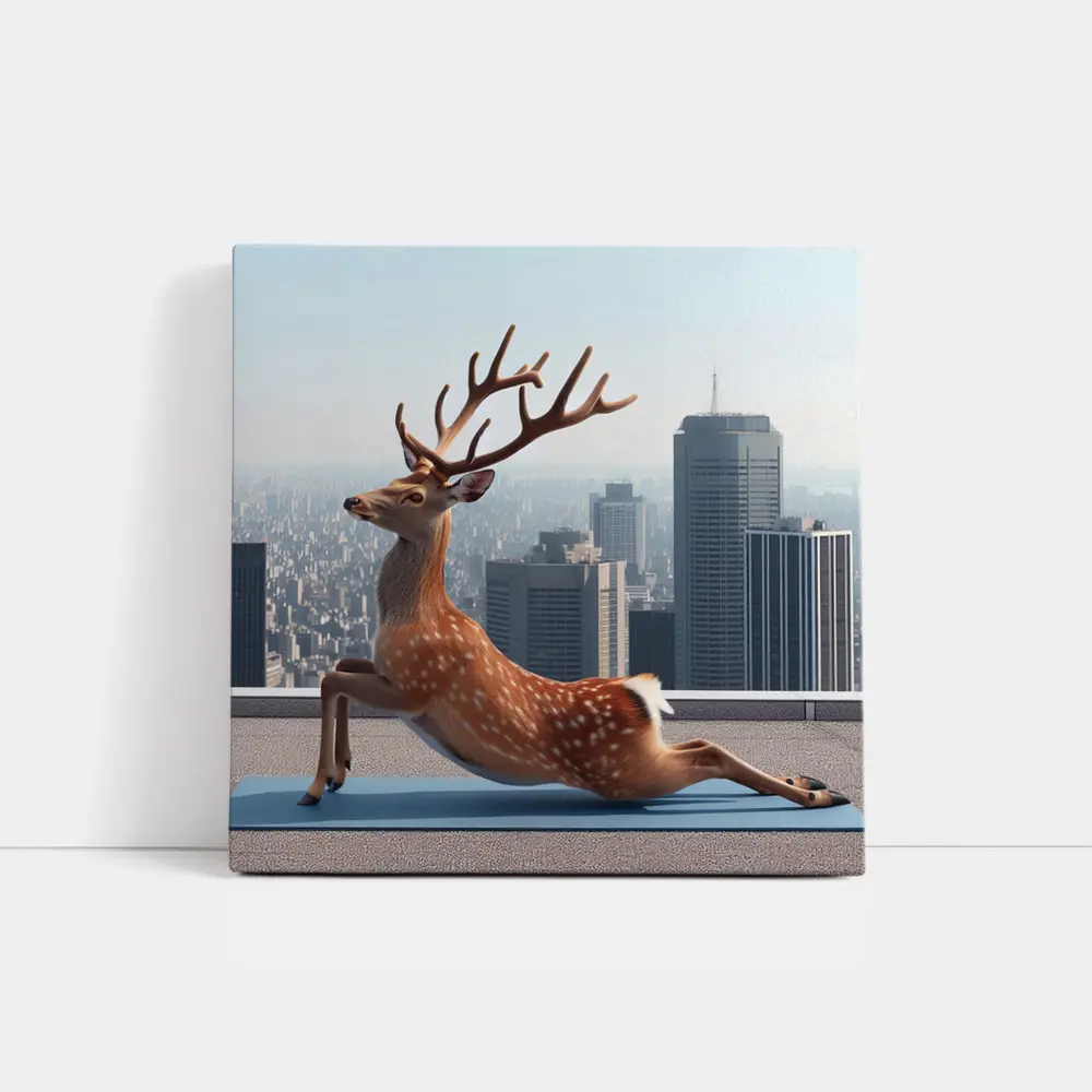 Deer Doing Yoga City Skyline Background – Wall Art