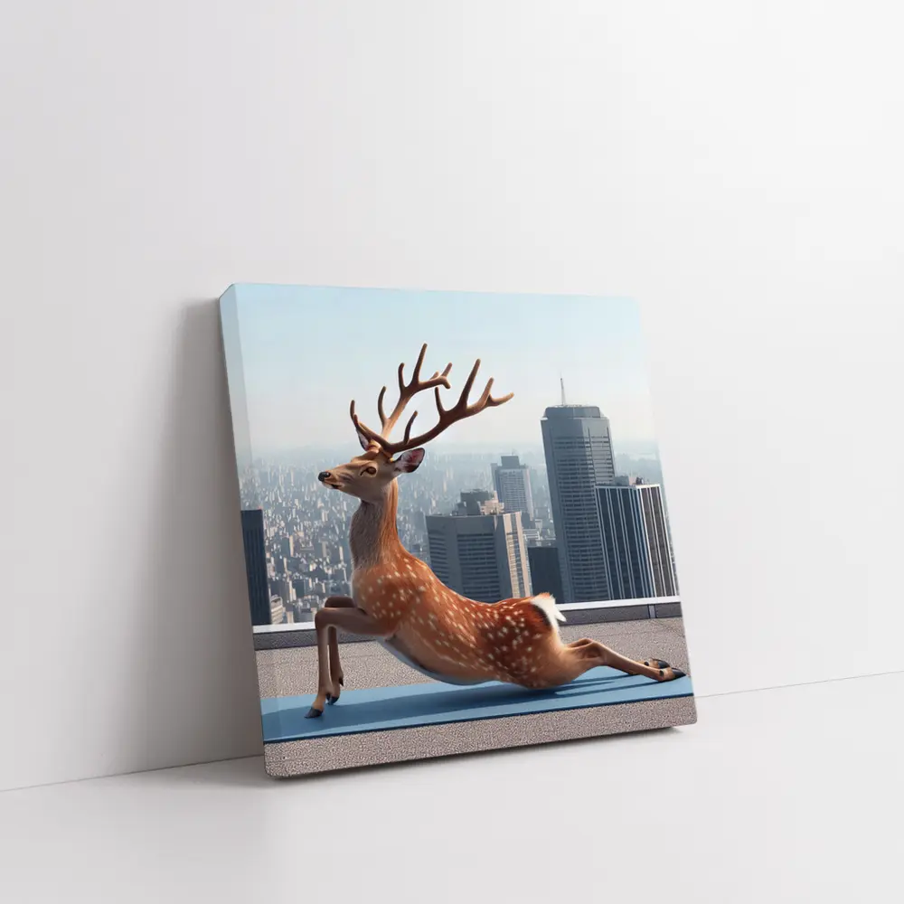 Deer Doing Yoga City Skyline Background – Wall Art