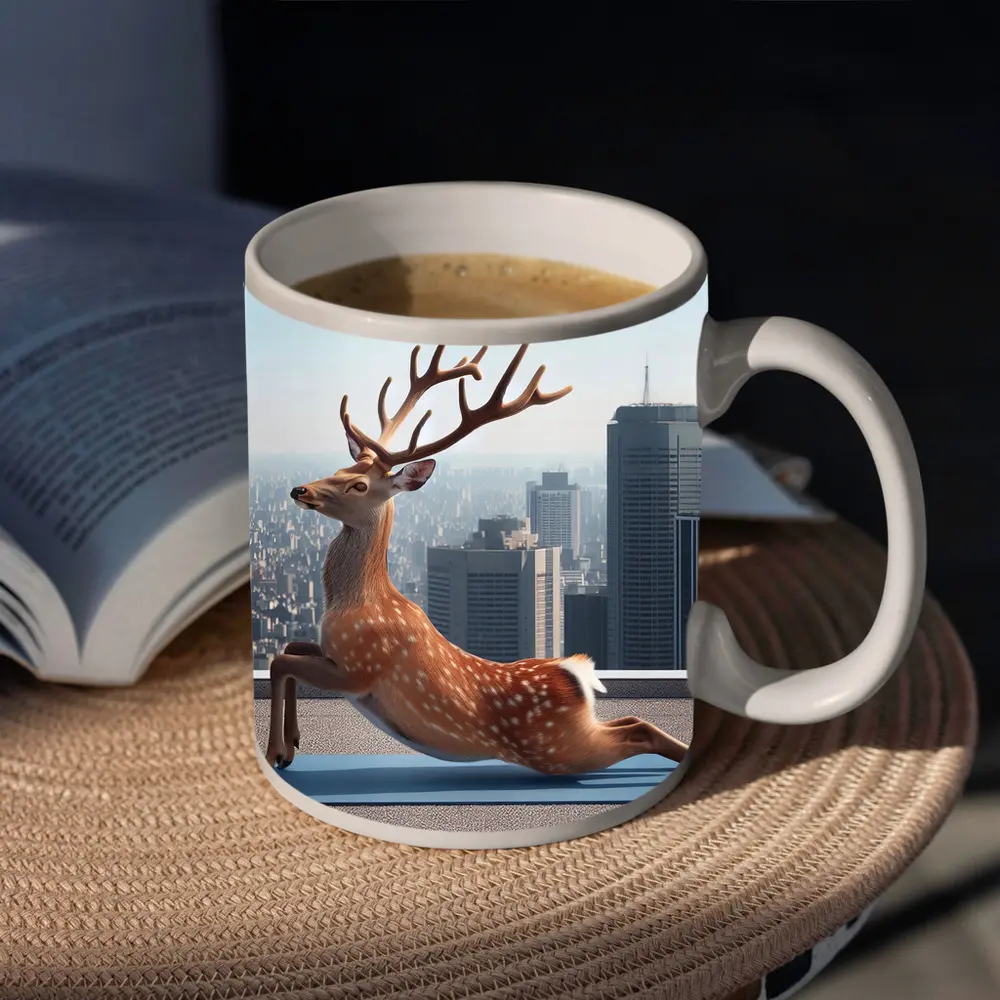 Deer Doing Yoga City Skyline Background – Mugs