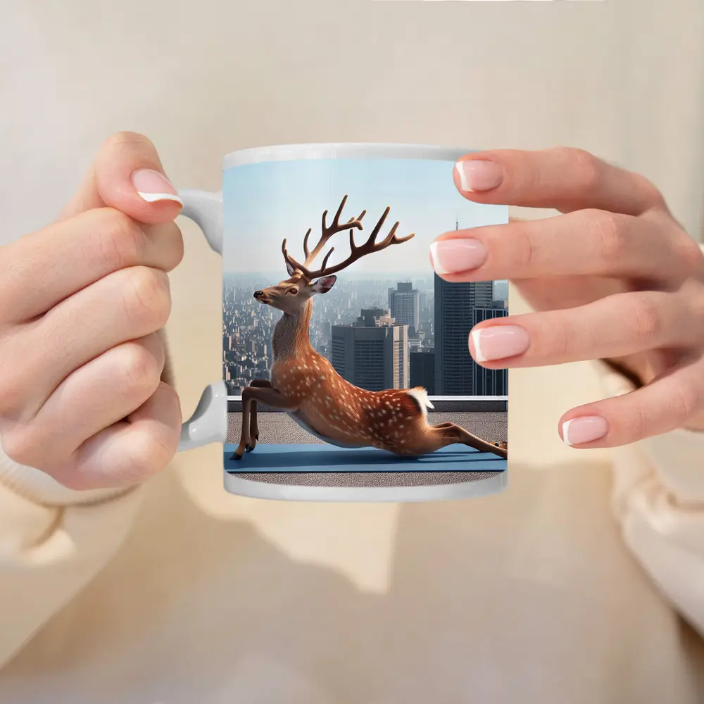 Deer Doing Yoga City Skyline Background – Mugs