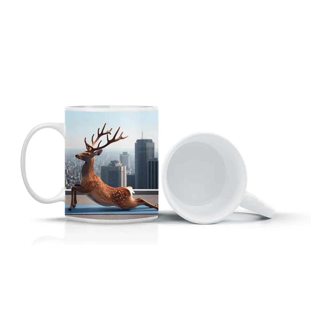 Deer Doing Yoga City Skyline Background – Mugs
