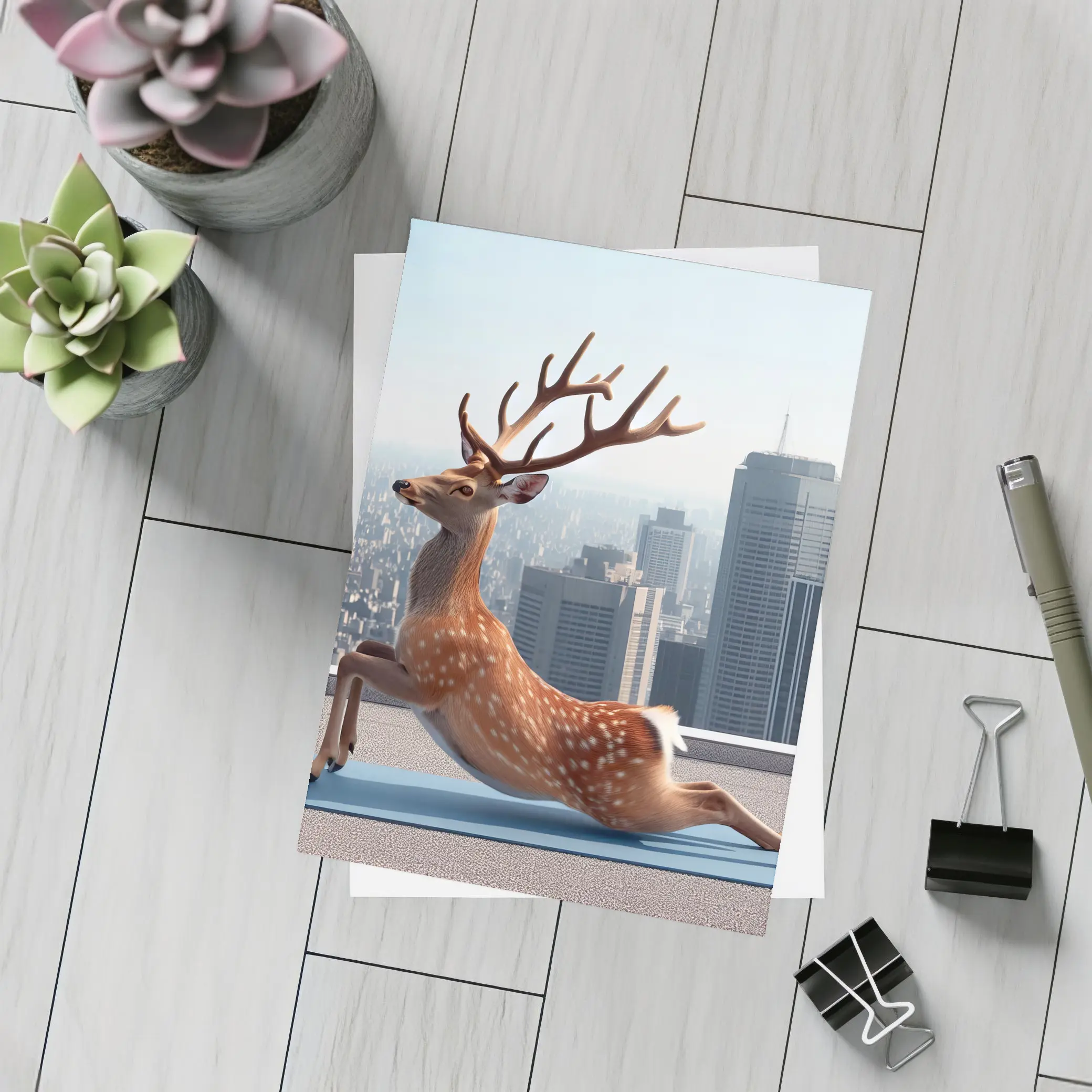 Deer Doing Yoga City Skyline Background – Postcards