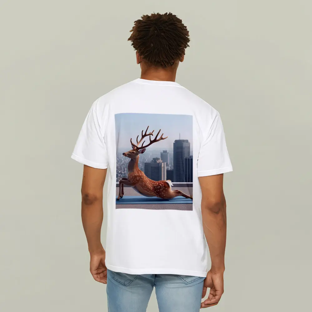 Deer Doing Yoga City Skyline Background – T-Shirts