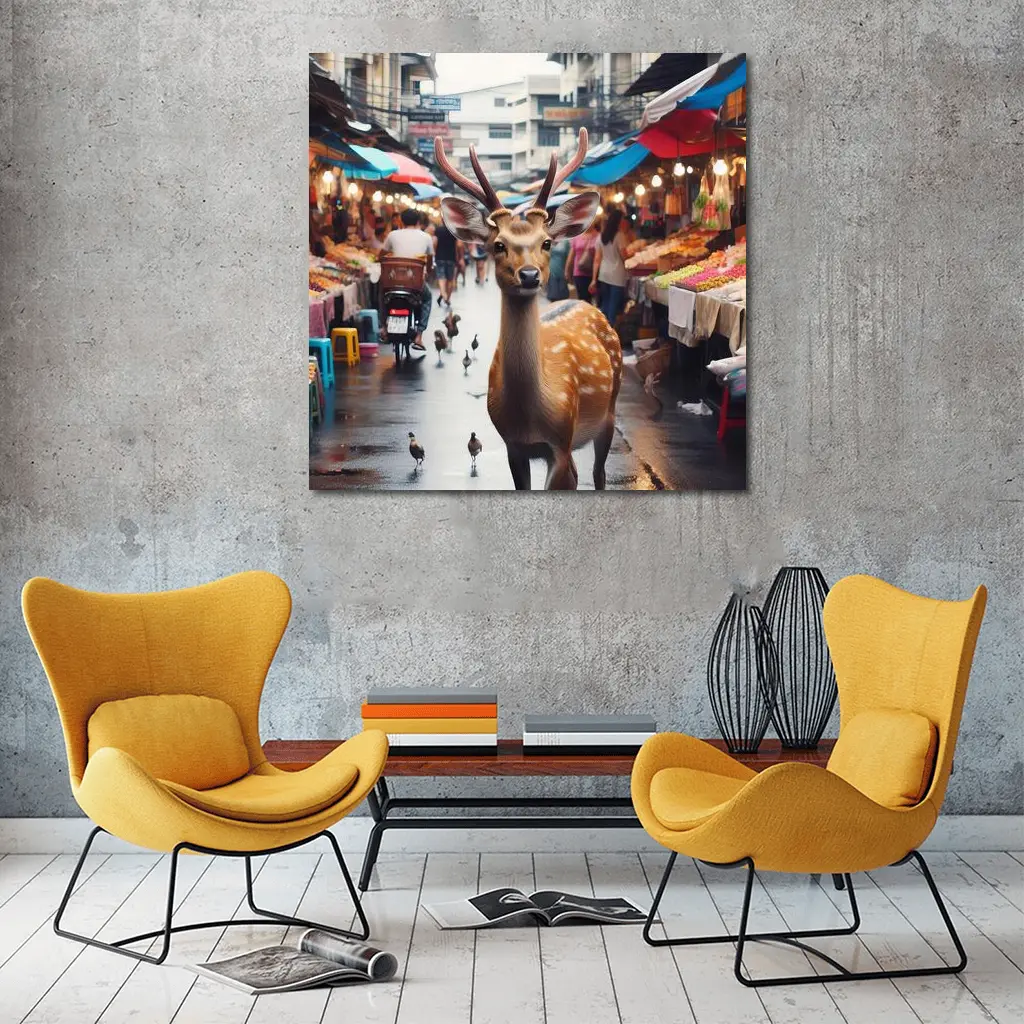 Deer Stag Walking Through Busy Street Market – Wall Art