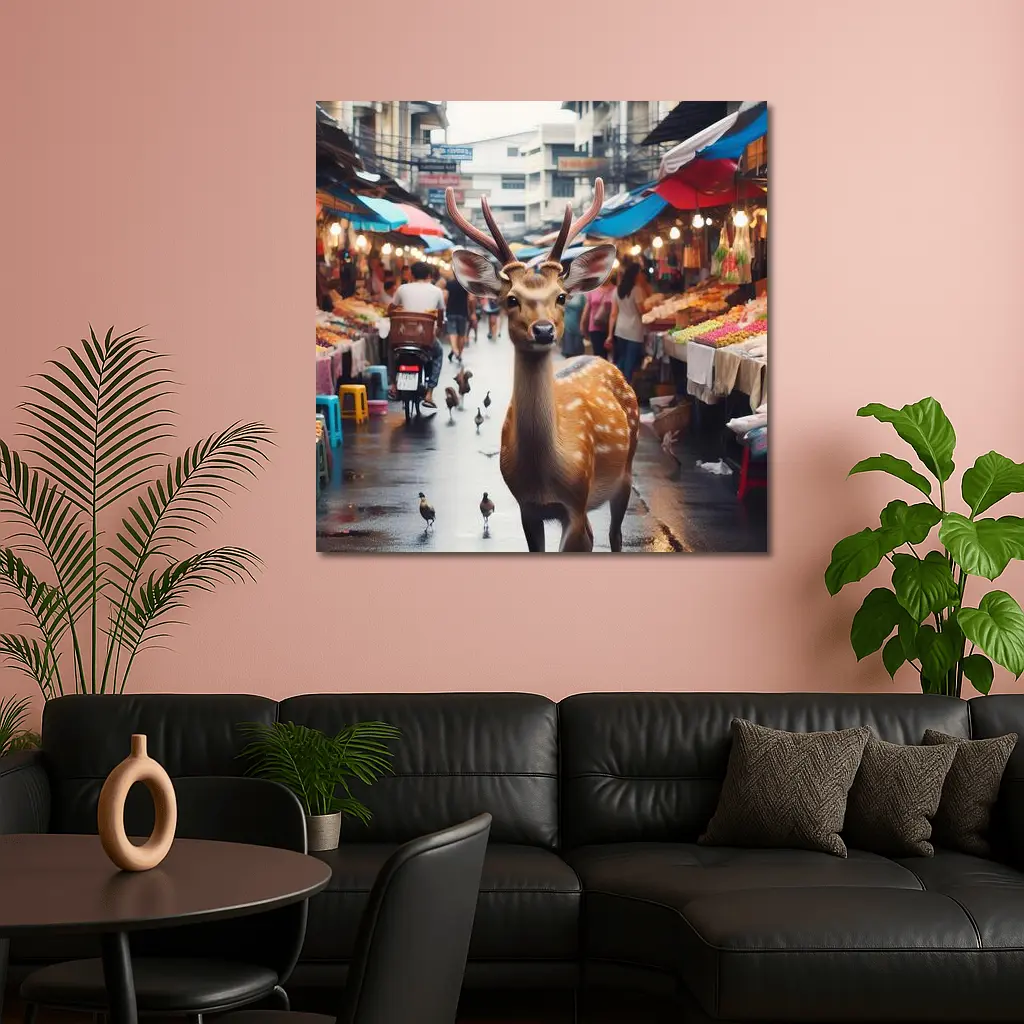 Deer Stag Walking Through Busy Street Market – Wall Art