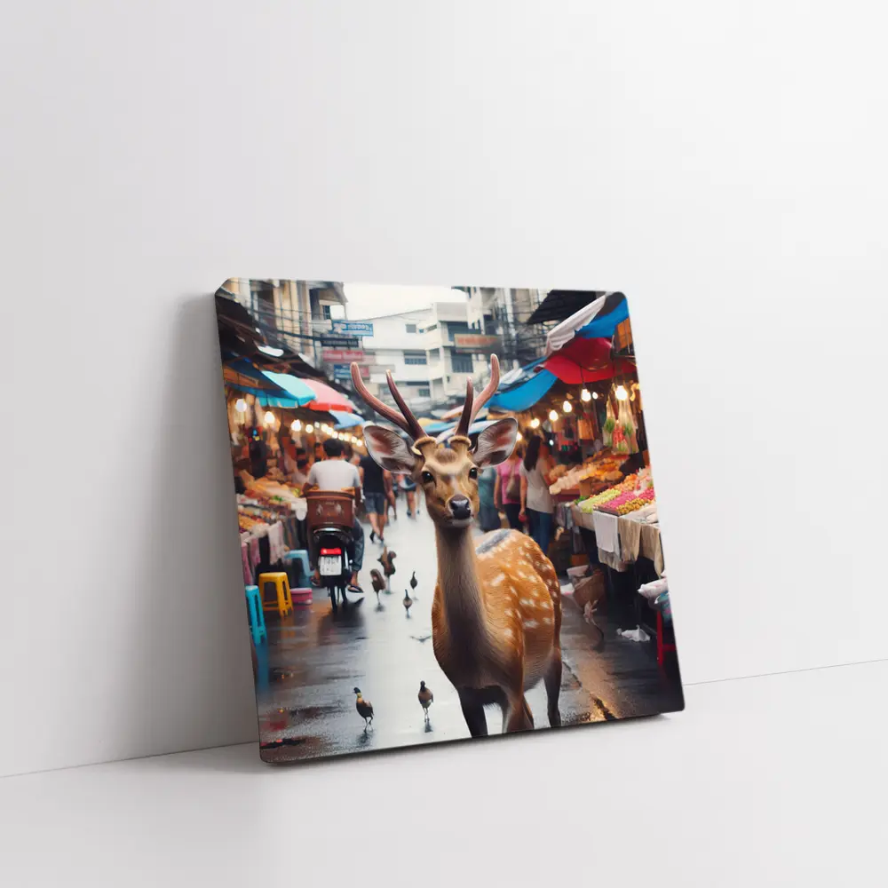 Deer Stag Walking Through Busy Street Market – Wall Art
