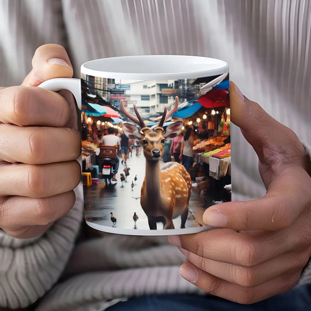 Deer Stag Walking Through Busy Street Market – Mugs