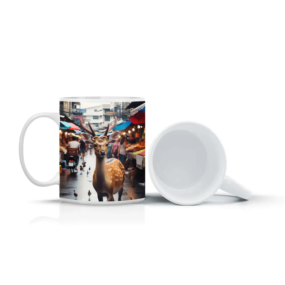 Deer Stag Walking Through Busy Street Market – Mugs