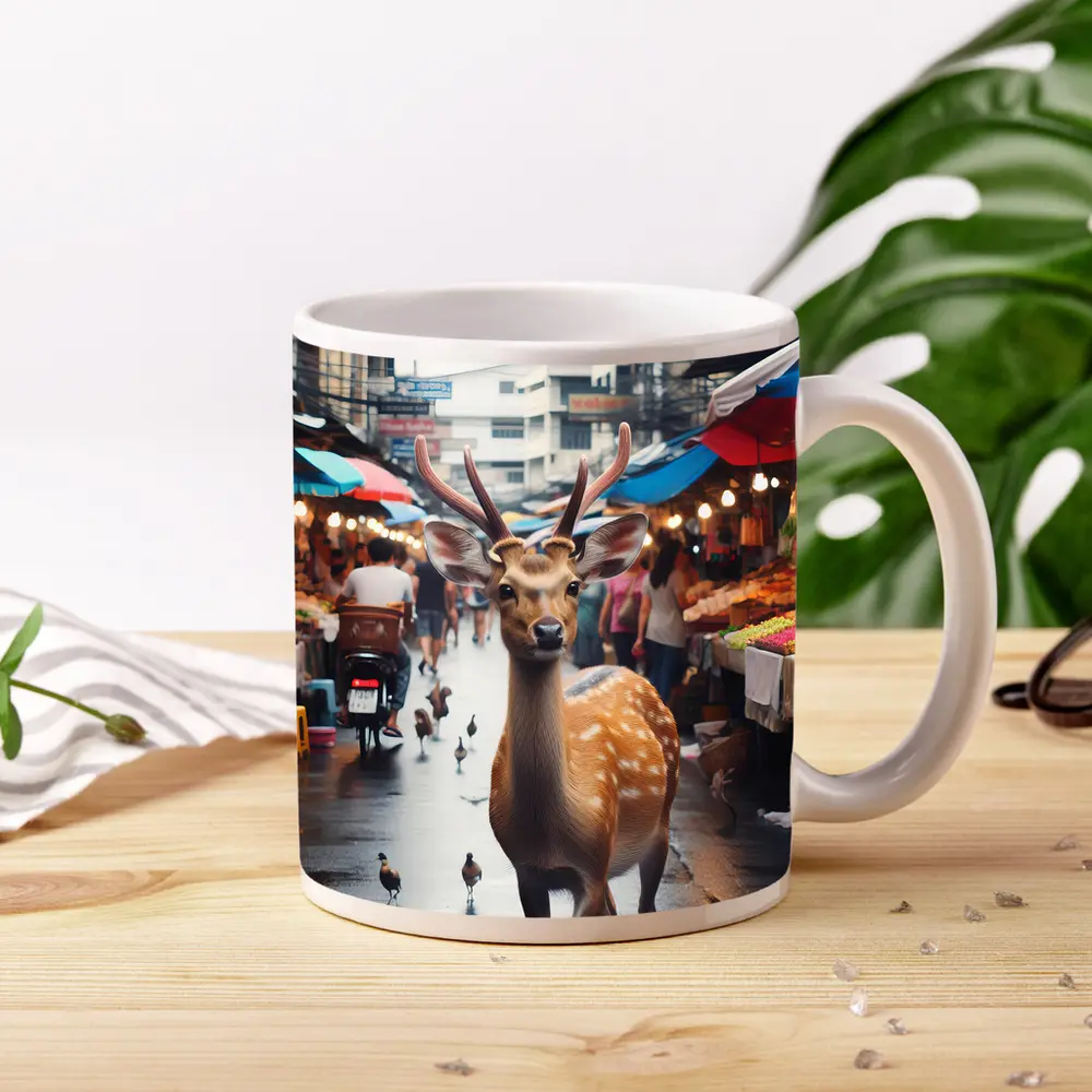 Deer Stag Walking Through Busy Street Market – Mugs
