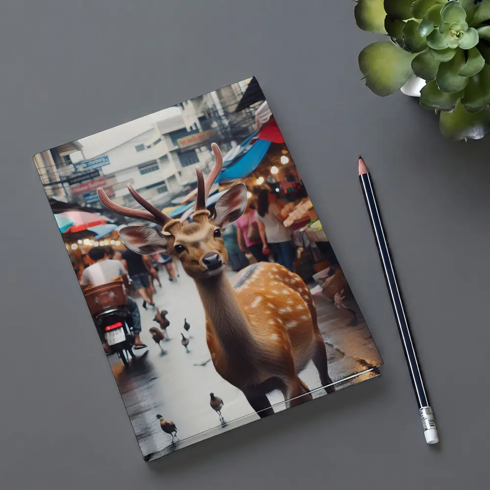 Deer Stag Walking Through Busy Street Market – Notebooks