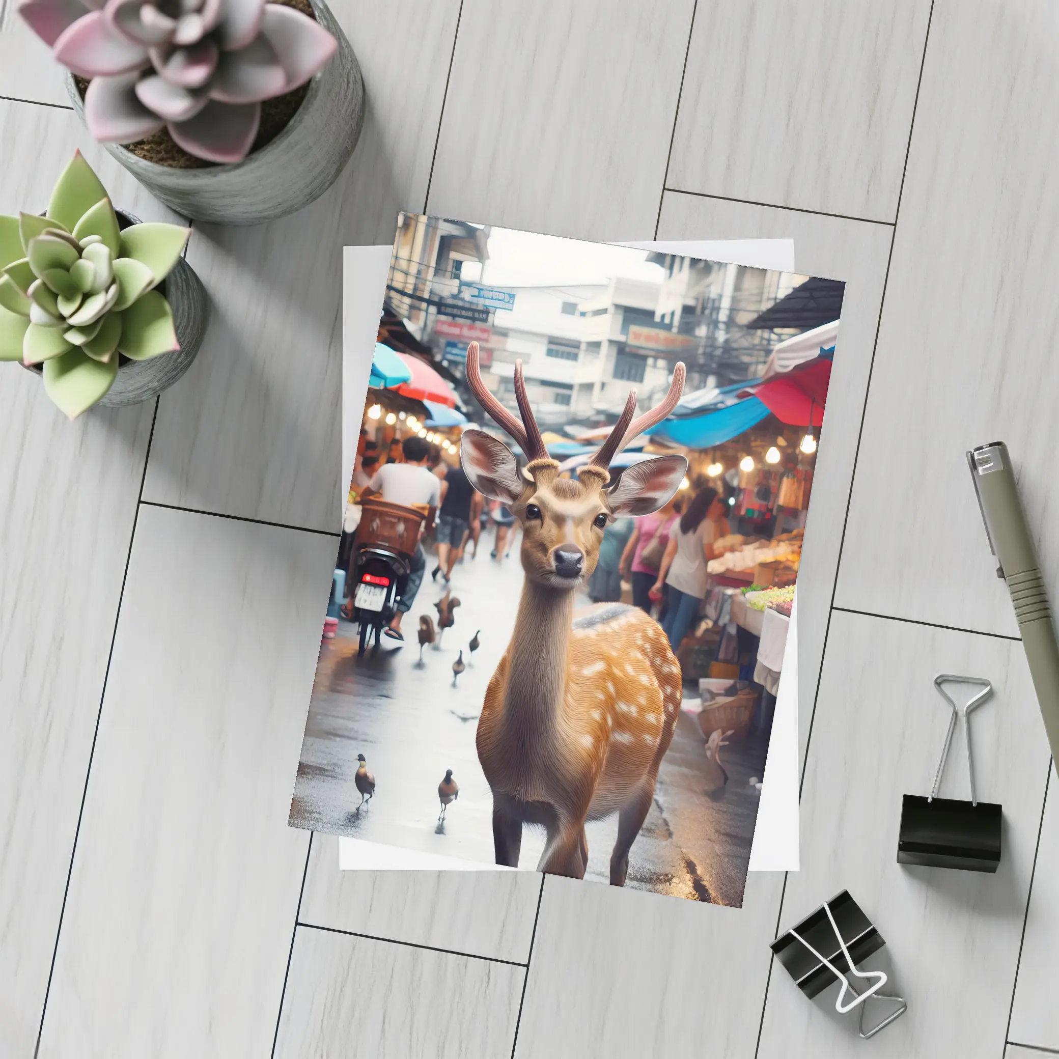 Deer Stag Walking Through Busy Street Market – Postcards