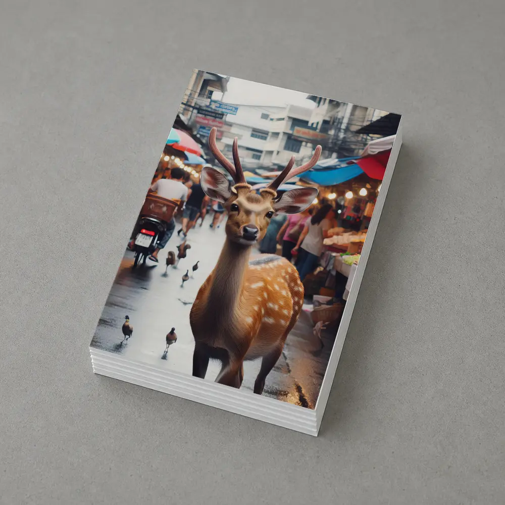 Deer Stag Walking Through Busy Street Market – Postcards