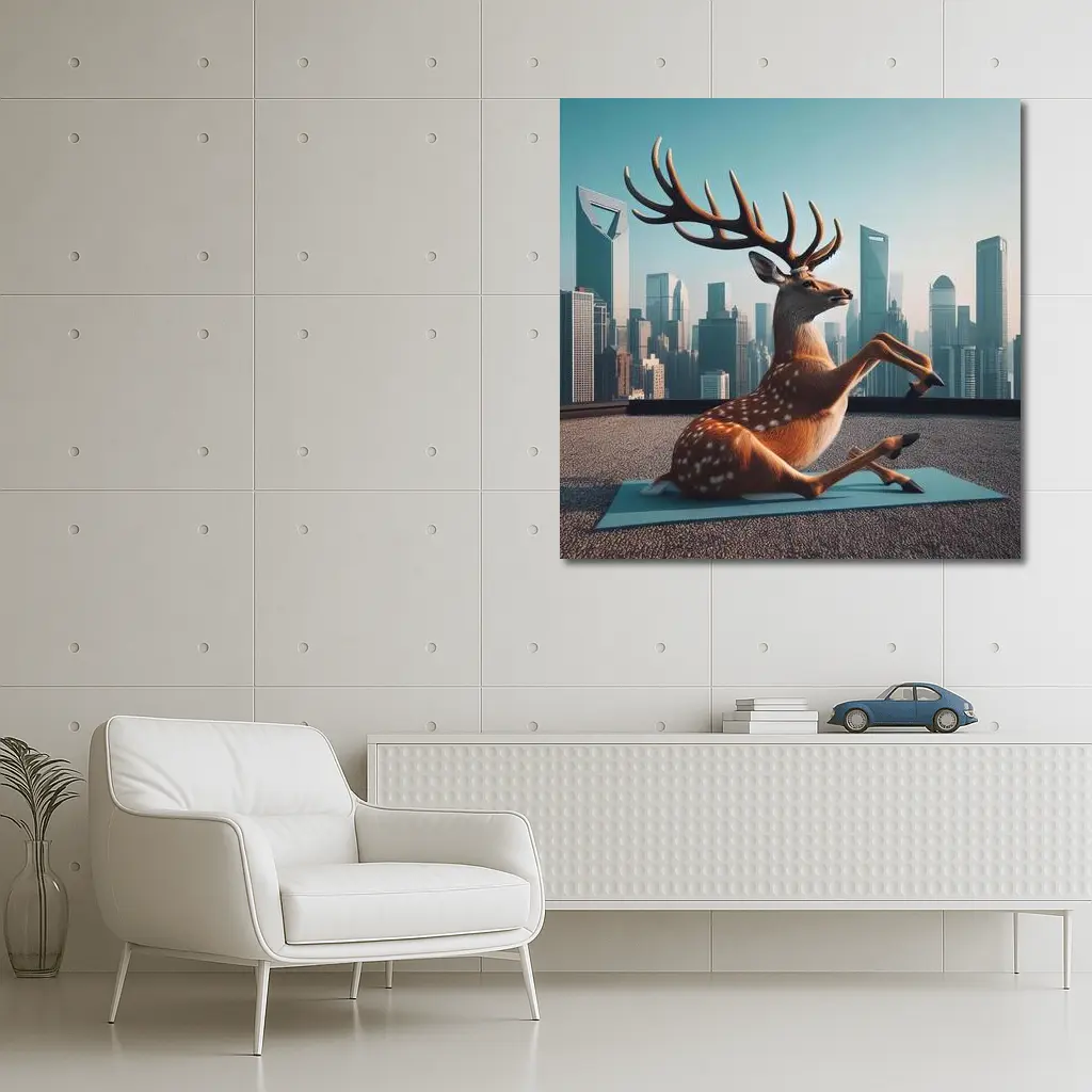 Deer Doing Yoga City Skyline Background – Wall Art