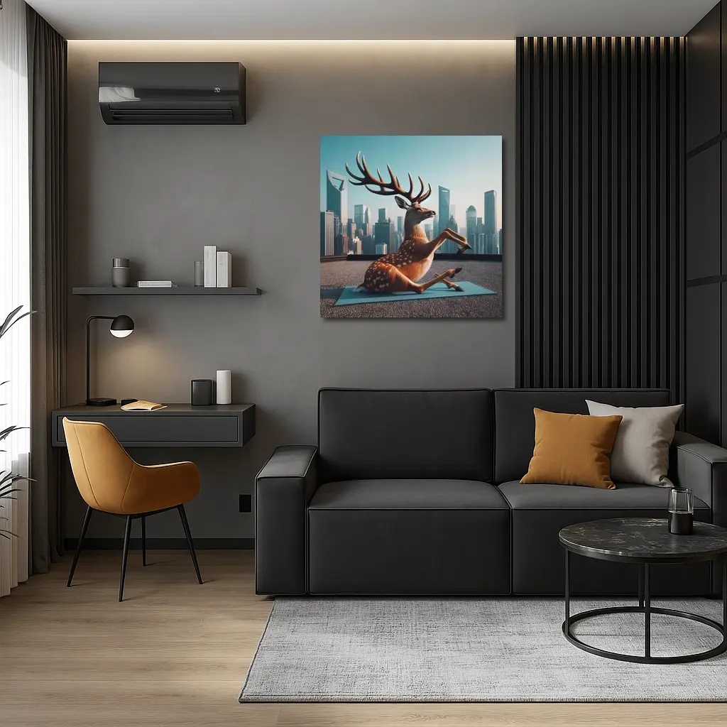 Deer Doing Yoga City Skyline Background – Wall Art