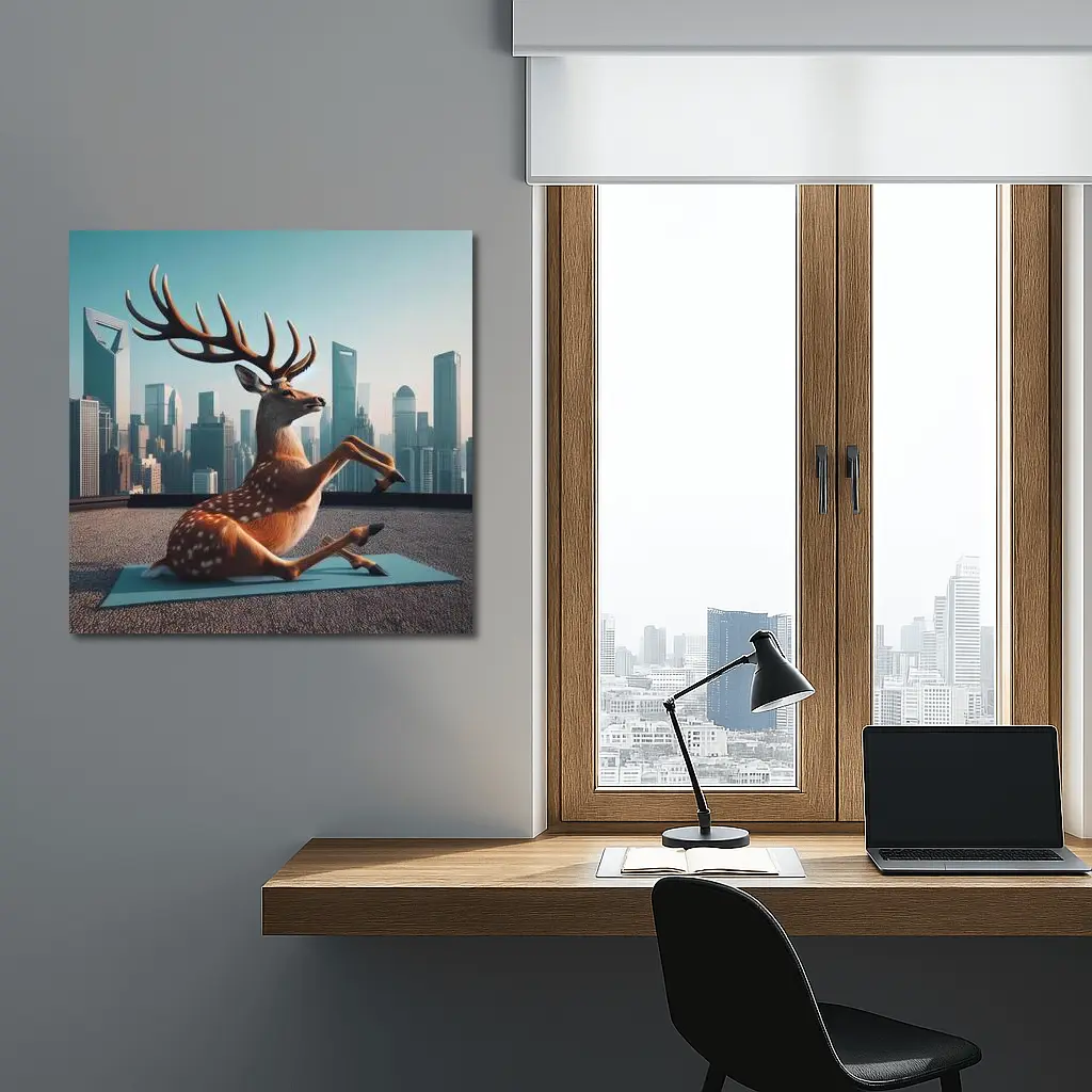 Deer Doing Yoga City Skyline Background – Wall Art