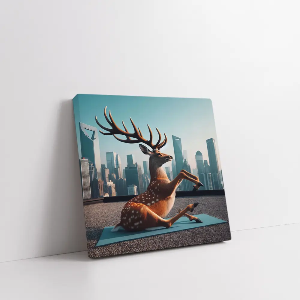 Deer Doing Yoga City Skyline Background – Wall Art