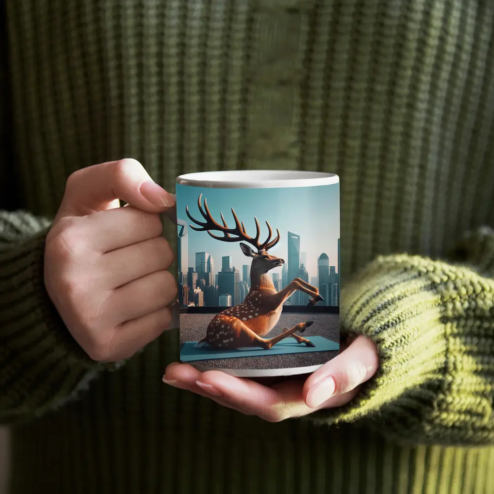 Deer Doing Yoga City Skyline Background – Mugs