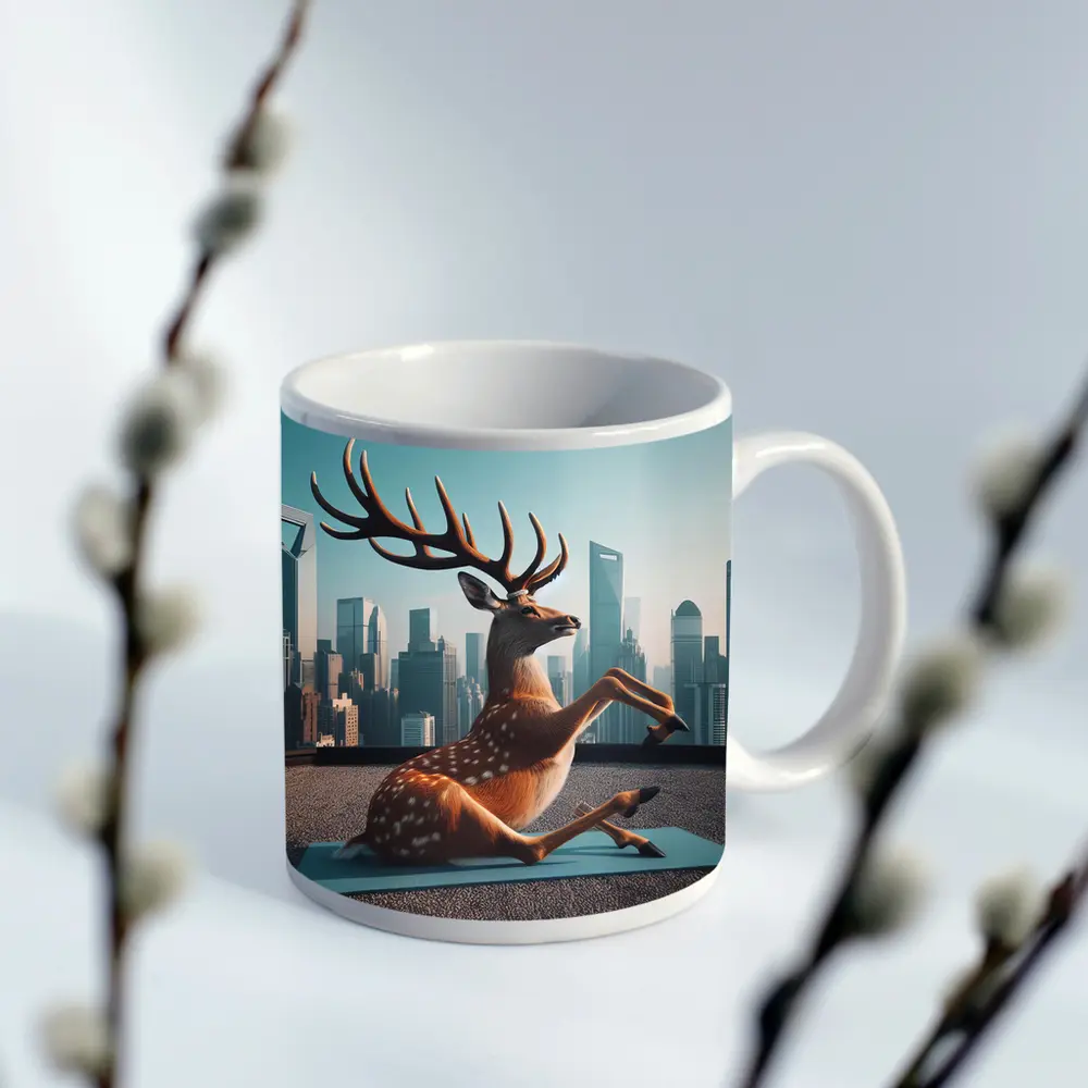 Deer Doing Yoga City Skyline Background – Mugs