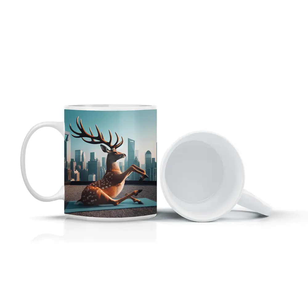 Deer Doing Yoga City Skyline Background – Mugs