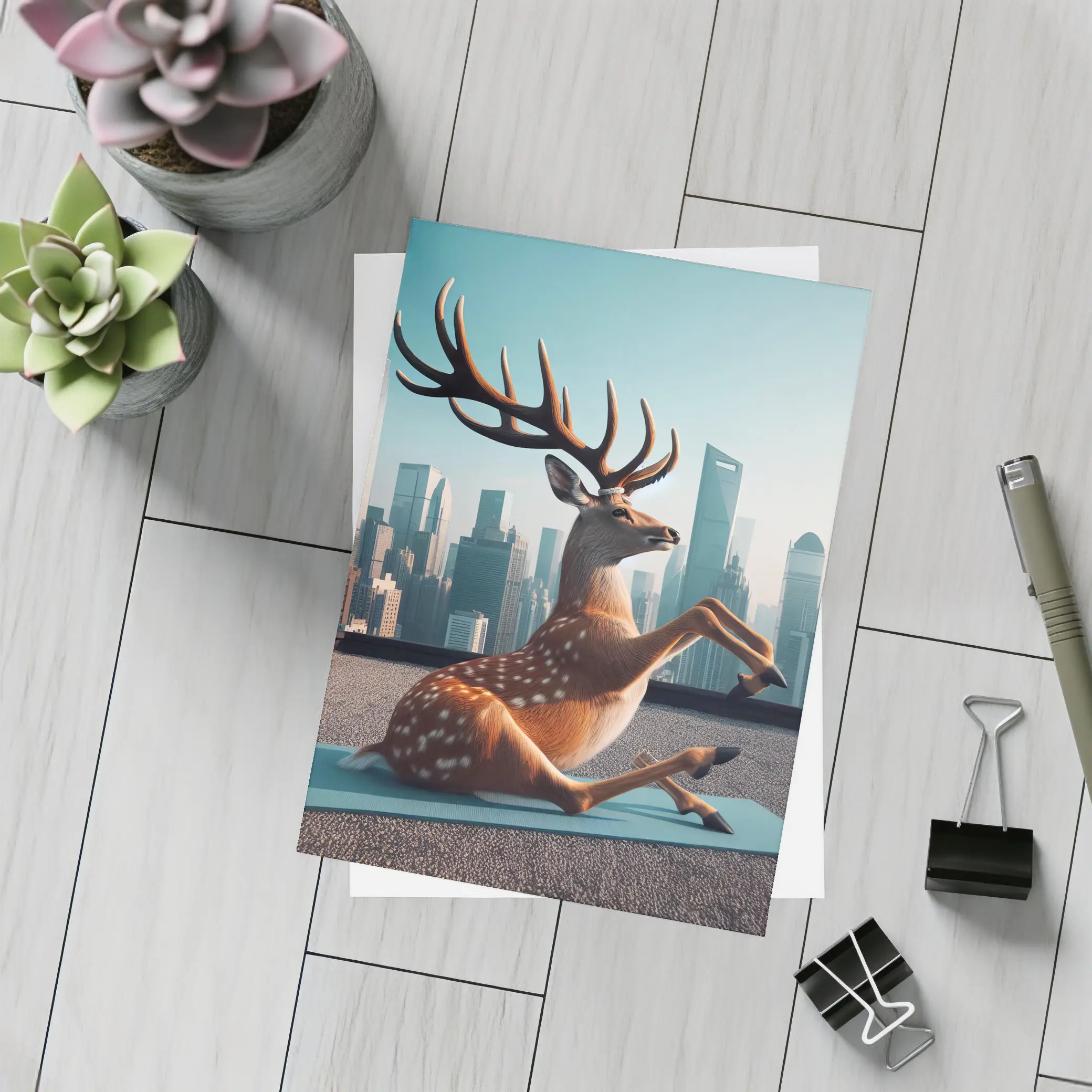 Deer Doing Yoga City Skyline Background – Postcards