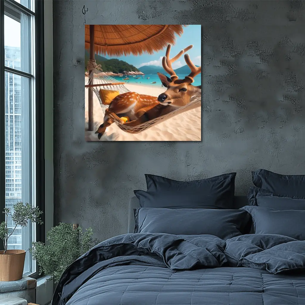 Deer Relaxing in Hammock on Tropical Beach – Wall Art